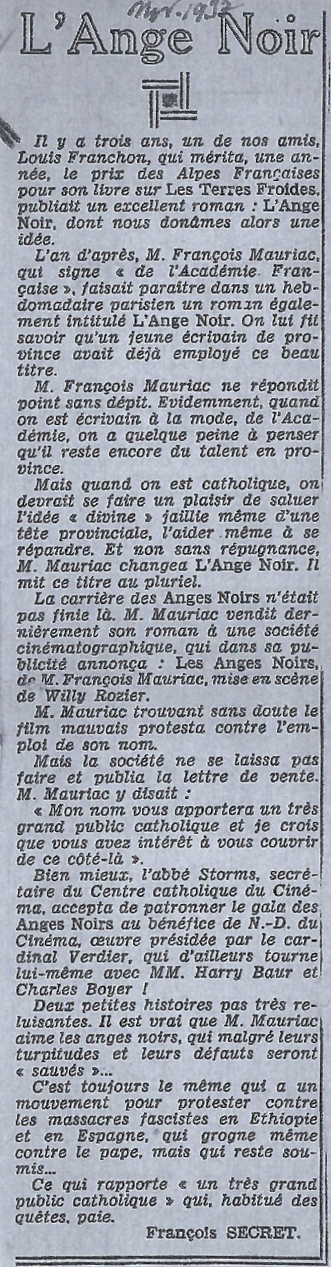 Article de François Secret paru en novembre 1937