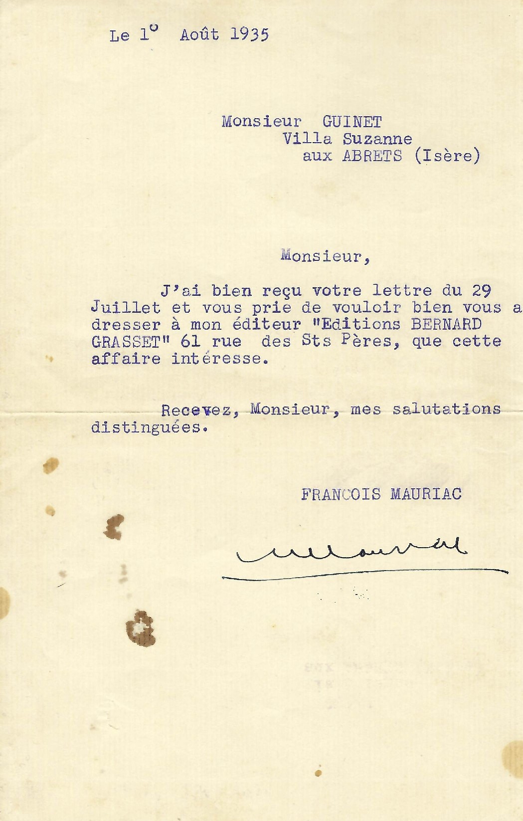 Lettre de François Mauriac à Marcelle Guinet 1935