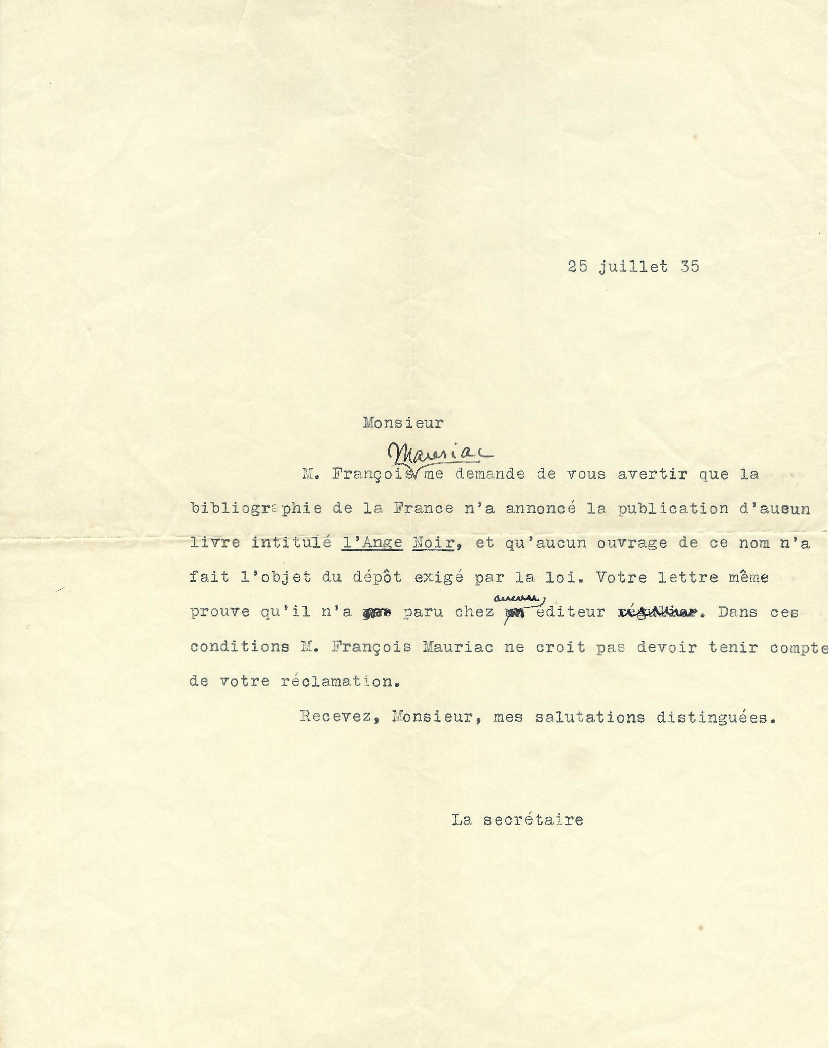 Lettre de la secrétaire de François Mauriac à Marcelle Guinet