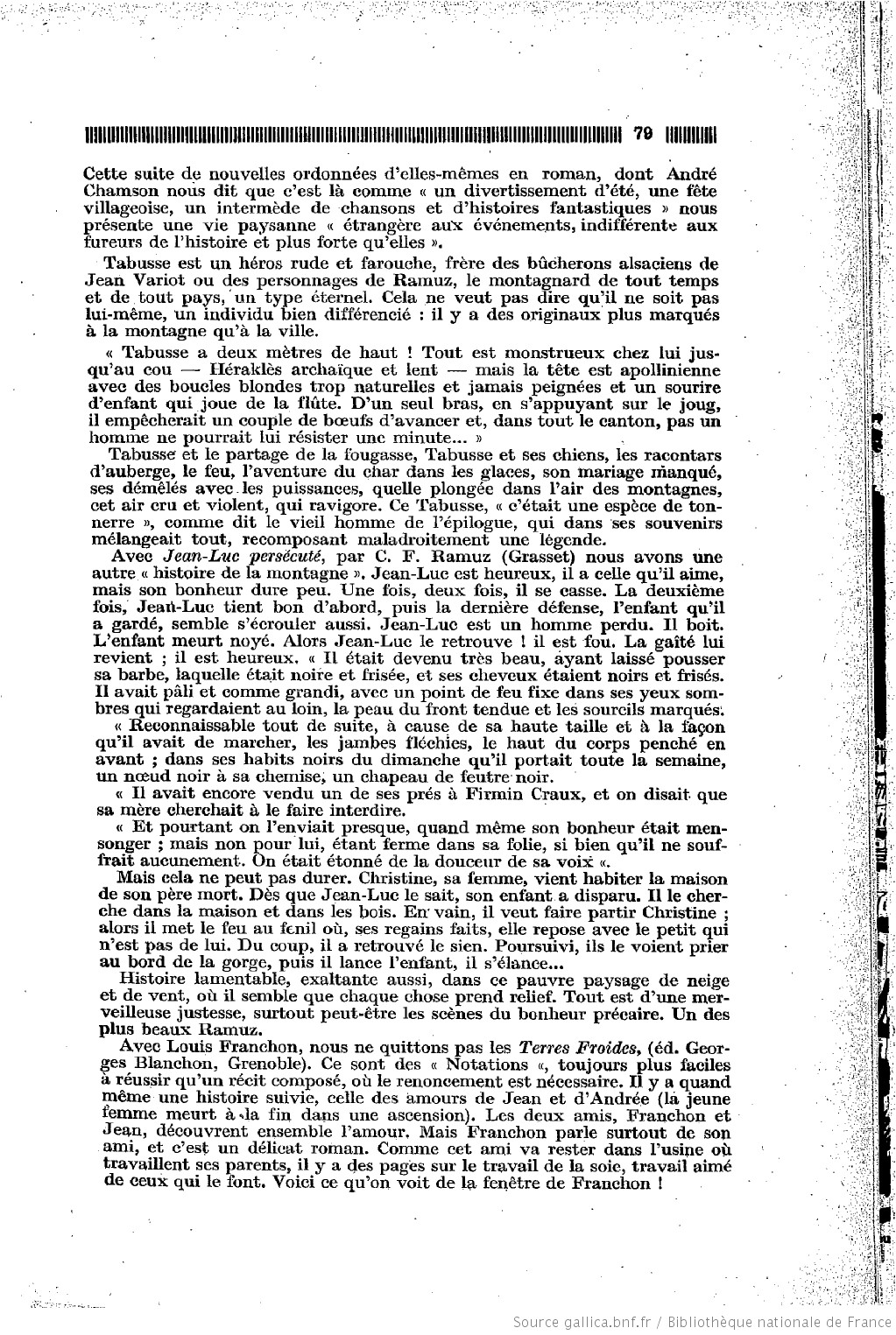 Chronique littéraire de Claude Dravaine évoquant Terres Froides de Louis Franchon (p. 79)