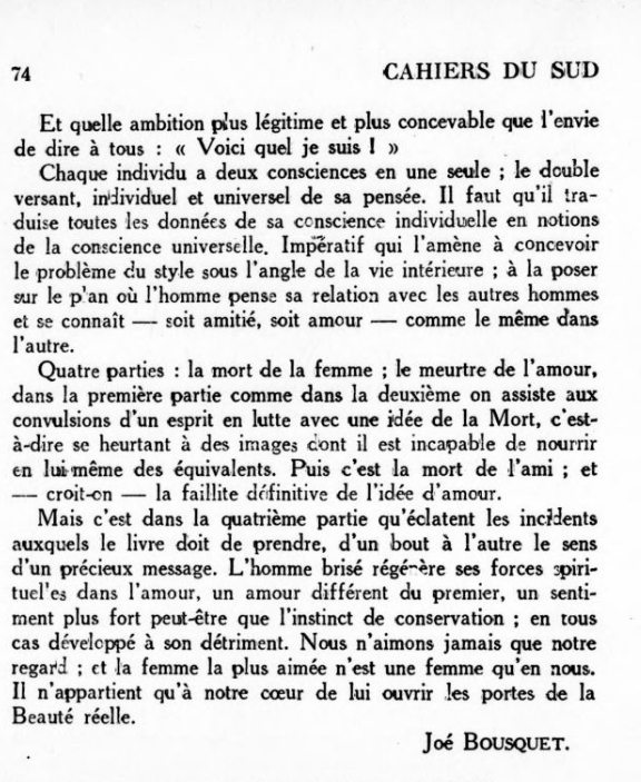 Article Cahiers du Sud par Joe Bousquet